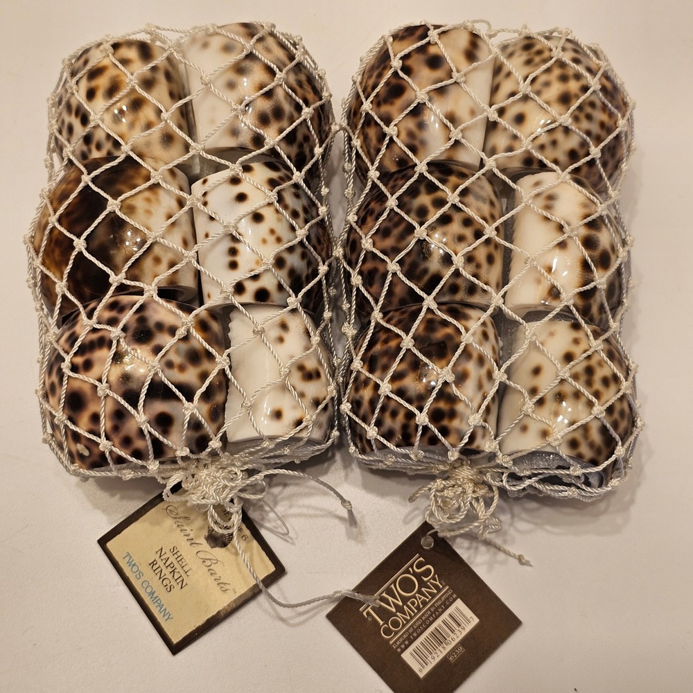 Twos Company Saint Barts Tiger Cowrie Shell Napkin Rings Set of 12 Vintage NEW